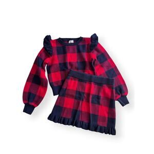 Janie and Jack red & navy plaid ruffle sweater & skirt set